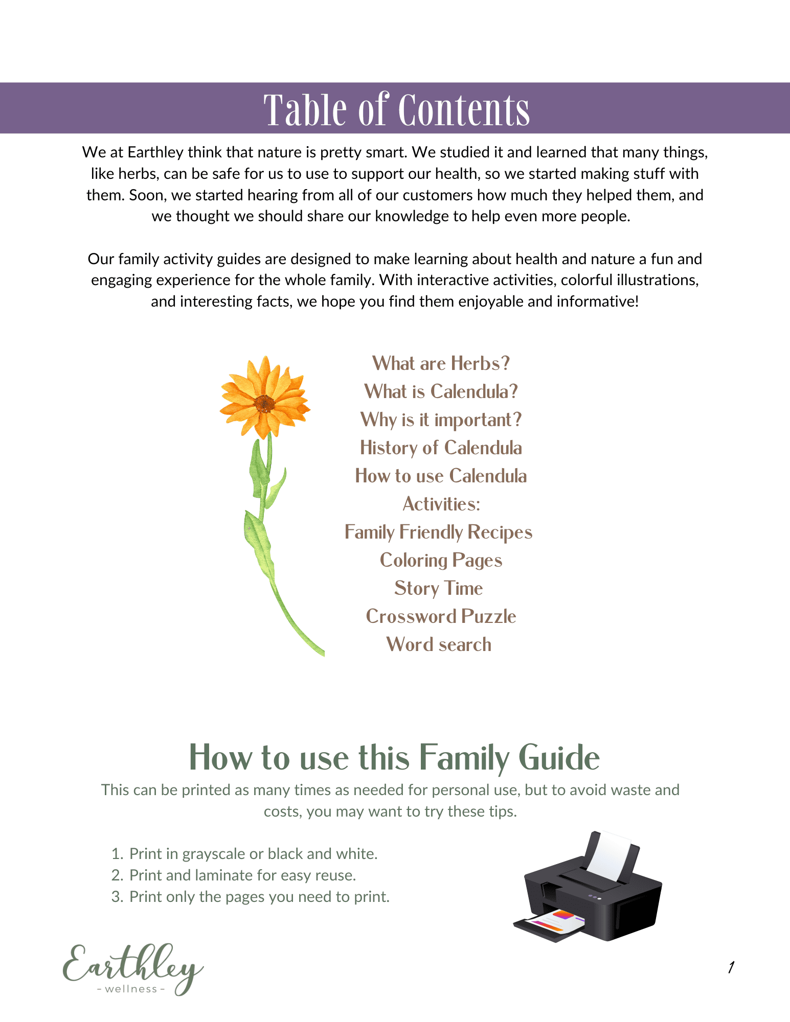 Calendula Mini Family Guide (Printable Digital Download